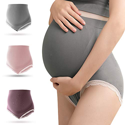 Libella Paquete de 3 Mujer Calzoncillos de Maternidad Bragas para Embarazadas Sin Costura Pregnant Underwear Pre-mamá Cintura Alta Apoyo el Vientre 3614 Rosa Morado Gris L