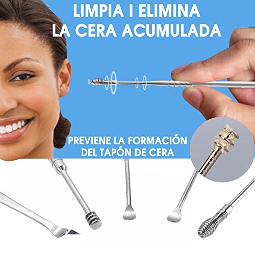 Limpiador de Oídos para Quitar los Tapones del Oído - Set x9 Limpiador Oidos Acero y Jeringuilla 25ml para Limpieza con Agua a Presión - Kit Elimina Tapón de Cera para el Higiene de los Oidos