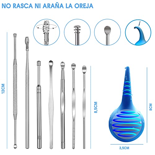 Limpiador de Oídos para Quitar los Tapones del Oído - Set x9 Limpiador Oidos Acero y Jeringuilla 25ml para Limpieza con Agua a Presión - Kit Elimina Tapón de Cera para el Higiene de los Oidos