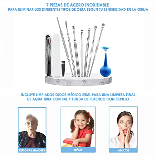 Limpiador de Oídos para Quitar los Tapones del Oído - Set x9 Limpiador Oidos Acero y Jeringuilla 25ml para Limpieza con Agua a Presión - Kit Elimina Tapón de Cera para el Higiene de los Oidos