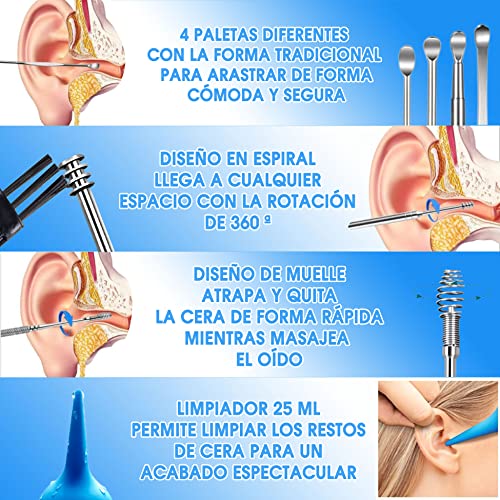 Limpiador de Oídos para Quitar los Tapones del Oído - Set x9 Limpiador Oidos Acero y Jeringuilla 25ml para Limpieza con Agua a Presión - Kit Elimina Tapón de Cera para el Higiene de los Oidos