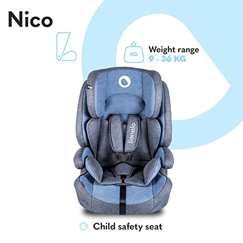 LIONELO Nico Silla de coche para bebés de 9 a 36 kg Reposacabezas con ajuste de 5 puntos Tela FrictResist 300 DEN Cubre parabrisas Cinturones de seguridad de 5 puntos