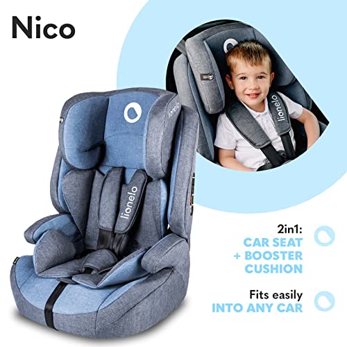 LIONELO Nico Silla de coche para bebés de 9 a 36 kg Reposacabezas con ajuste de 5 puntos Tela FrictResist 300 DEN Cubre parabrisas Cinturones de seguridad de 5 puntos