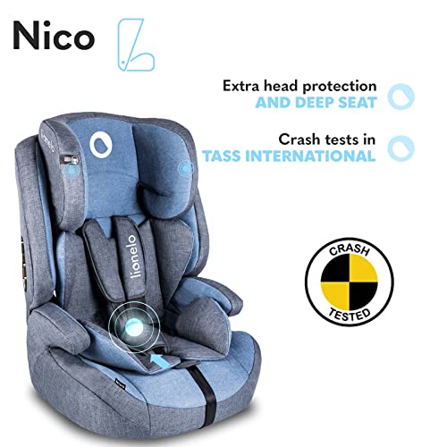 LIONELO Nico Silla de coche para bebés de 9 a 36 kg Reposacabezas con ajuste de 5 puntos Tela FrictResist 300 DEN Cubre parabrisas Cinturones de seguridad de 5 puntos