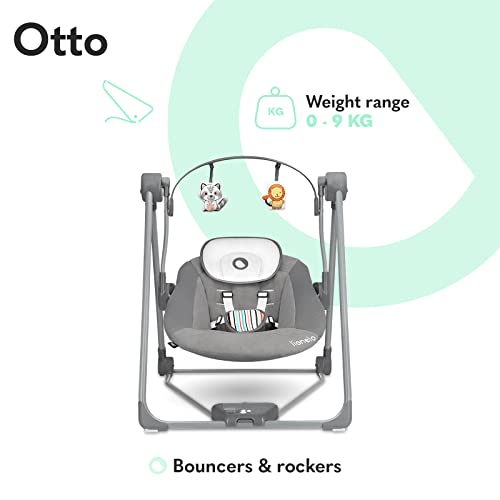 LIONELO Otto Columpio portátil para bebés hasta 9 kg, 5 velocidades de balanceo, Facilita el sueño, Fácil montaje, Arco de juguetes interactivos ajustable Gris (Gris oscuro)