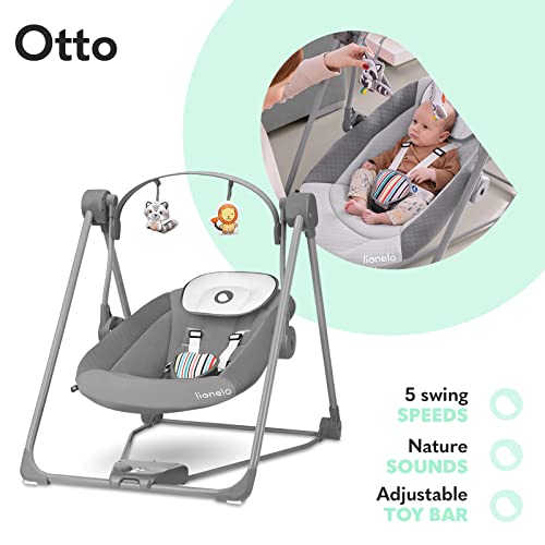 LIONELO Otto Columpio portátil para bebés hasta 9 kg, 5 velocidades de balanceo, Facilita el sueño, Fácil montaje, Arco de juguetes interactivos ajustable Gris (Gris oscuro)