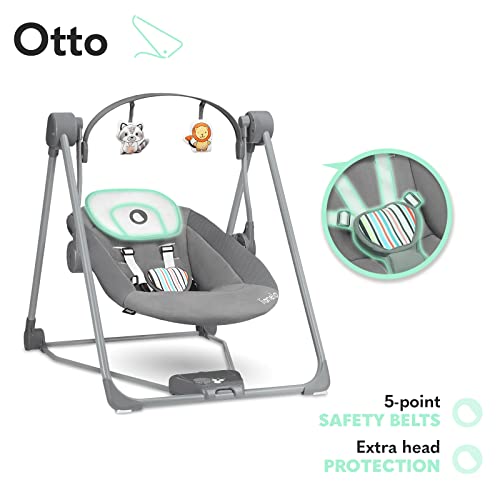 LIONELO Otto Columpio portátil para bebés hasta 9 kg, 5 velocidades de balanceo, Facilita el sueño, Fácil montaje, Arco de juguetes interactivos ajustable Gris (Gris oscuro)