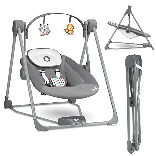 LIONELO Otto Columpio portátil para bebés hasta 9 kg, 5 velocidades de balanceo, Facilita el sueño, Fácil montaje, Arco de juguetes interactivos ajustable Gris (Gris oscuro)