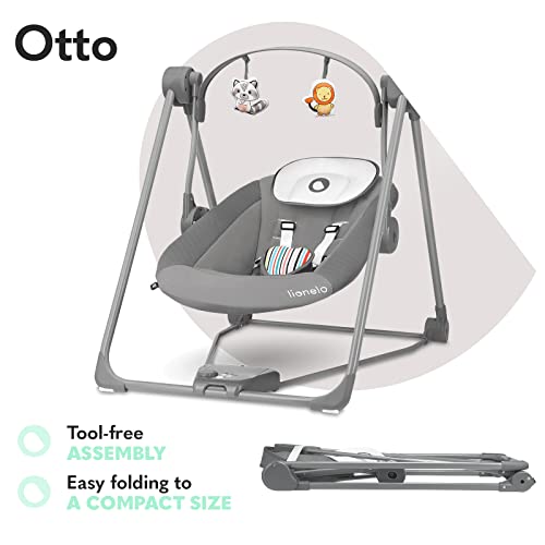 LIONELO Otto Columpio portátil para bebés hasta 9 kg, 5 velocidades de balanceo, Facilita el sueño, Fácil montaje, Arco de juguetes interactivos ajustable Gris (Gris oscuro)