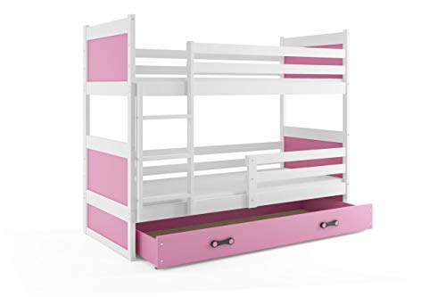 Litera doble infantil RICO, 200x90, BLANCO - ROSA, con cajón, somieres y colchones de espuma de 200x90 GRATIS!