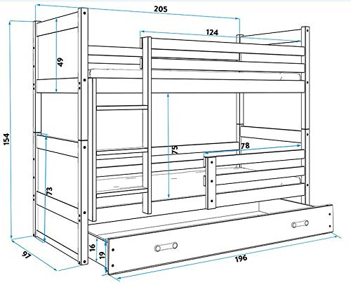 Litera doble infantil RICO, 200x90, BLANCO - ROSA, con cajón, somieres y colchones de espuma de 200x90 GRATIS!