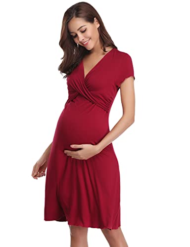 Litherday Camisón Lactancia Hospital Verano Mujer Camisón de Maternidad Verano Camisones Premamá Corto Camisón Mujer Embarazada Algodón Ropa Dormir Premamá Lactancia, Vino Tinto, L