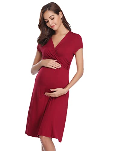 Litherday Camisón Lactancia Hospital Verano Mujer Camisón de Maternidad Verano Camisones Premamá Corto Camisón Mujer Embarazada Algodón Ropa Dormir Premamá Lactancia, Vino Tinto, L