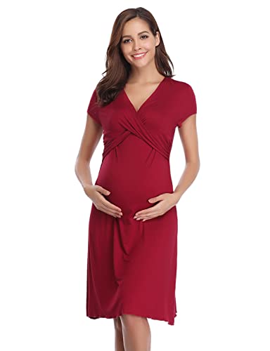 Litherday Camisón Lactancia Hospital Verano Mujer Camisón de Maternidad Verano Camisones Premamá Corto Camisón Mujer Embarazada Algodón Ropa Dormir Premamá Lactancia, Vino Tinto, L