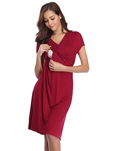 Litherday Camisón Lactancia Hospital Verano Mujer Camisón de Maternidad Verano Camisones Premamá Corto Camisón Mujer Embarazada Algodón Ropa Dormir Premamá Lactancia, Vino Tinto, L