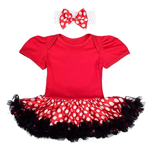 Lito Angels Disfraz Vestido de Minnie Mouse para Bebé Niñas Body Mono Mamelucos Onesie con Diadema Talla 9-12 Meses, Lunares Rojos