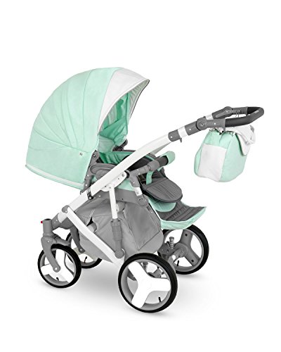 Lux4kids Trío Cochecito 3 in 1 Silla de paseo + capazo + silla para coche + rutas giratorias neumática + colchón VIP Hecho en Europa Accesorios opcionales Canillo blanco-menta con ISOFIX