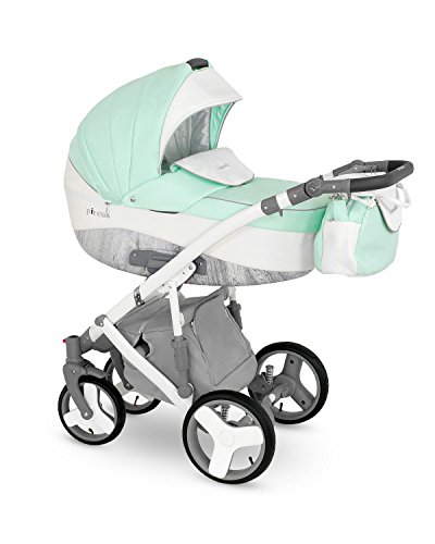 Lux4kids Trío Cochecito 3 in 1 Silla de paseo + capazo + silla para coche + rutas giratorias neumática + colchón VIP Hecho en Europa Accesorios opcionales Canillo blanco-menta con ISOFIX