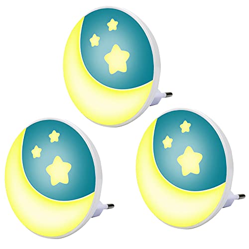 Luz Bebé Nocturna Enchufe 3 Piezas, Lámpara LED de Luna para Mesilla de Noche Infantil, Luz Quitamiedos para Recién Nacido Dormitorio, Lámpara Pared 0,6W para Guardería, Habitación de Niños