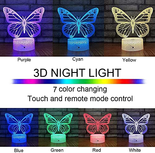 Luz noche mariposa para niños,regalos para niñas,lámpara ilusión 3D Lámpara noche para niños con 7 colores cambiantes,remoto y temporizador,juguetes mariposa regalos cumpleaños Navidad para niñas