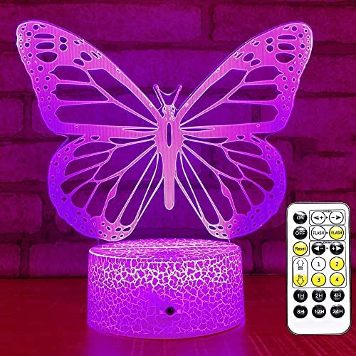 Luz noche mariposa para niños,regalos para niñas,lámpara ilusión 3D Lámpara noche para niños con 7 colores cambiantes,remoto y temporizador,juguetes mariposa regalos cumpleaños Navidad para niñas