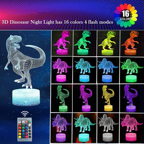 Luz nocturna de dinosaurio 3D para niños, lámpara de ilusión 3D de 3 patrones con control remoto para sala de estar, el mejor regalo para niños y niñas (3 paquetes)