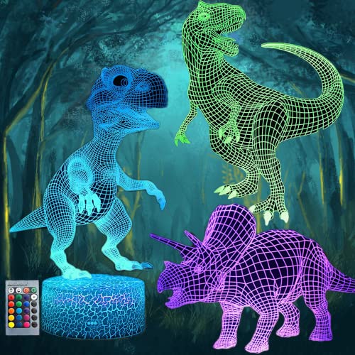 Luz nocturna de dinosaurio 3D para niños, lámpara de ilusión 3D de 3 patrones con control remoto para sala de estar, el mejor regalo para niños y niñas (3 paquetes)