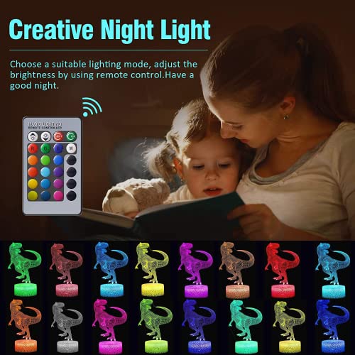 Luz nocturna de dinosaurio 3D para niños, lámpara de ilusión 3D de 3 patrones con control remoto para sala de estar, el mejor regalo para niños y niñas (3 paquetes)