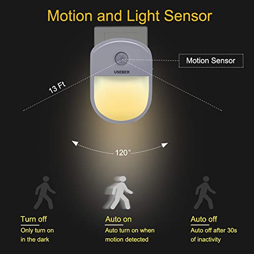 Luz Nocturna Infantil, [2 Piezas]Useber Luz Nocturna LED con Sensor de Movimiento, 3 Modos[AUTO/ON/OFF],Luz Quitamiedos para Dormitorio, Escalera, Pasillo, Niños, Sala, Baño