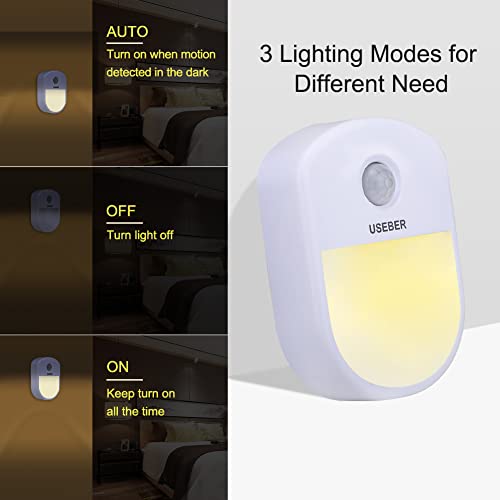 Luz Nocturna Infantil, [2 Piezas]Useber Luz Nocturna LED con Sensor de Movimiento, 3 Modos[AUTO/ON/OFF],Luz Quitamiedos para Dormitorio, Escalera, Pasillo, Niños, Sala, Baño