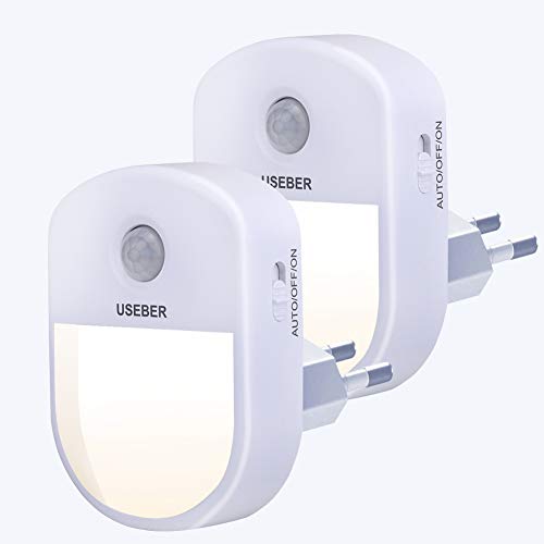 Luz Nocturna Infantil, [2 Piezas]Useber Luz Nocturna LED con Sensor de Movimiento, 3 Modos[AUTO/ON/OFF],Luz Quitamiedos para Dormitorio, Escalera, Pasillo, Niños, Sala, Baño