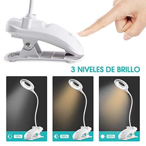 Mafiti Lámpara LED con Cable de Carga, Clip de sujección y Brazo de Cuello de Ganso. Lámparita de Mesa. 3 Niveles de Brillo,