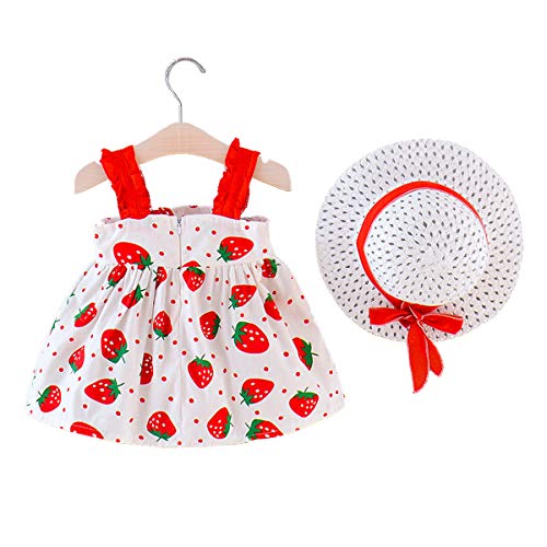 MAHUAOYIXI Vestido de verano para niña, estampado floral, vestido de princesa para bebé, estampado de fresa, gorro de verano rojo 6-12 Meses