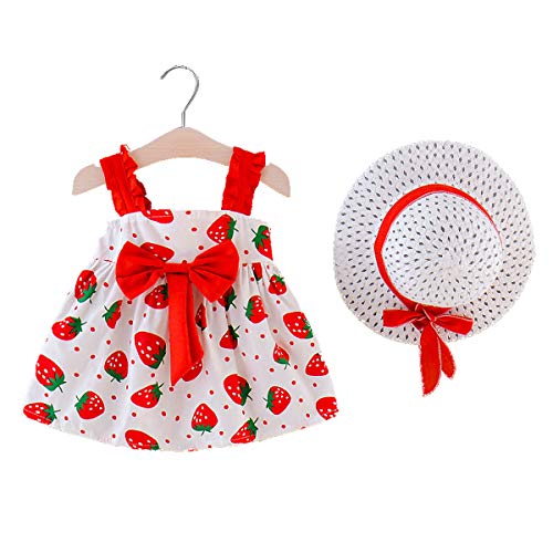 MAHUAOYIXI Vestido de verano para niña, estampado floral, vestido de princesa para bebé, estampado de fresa, gorro de verano rojo 6-12 Meses