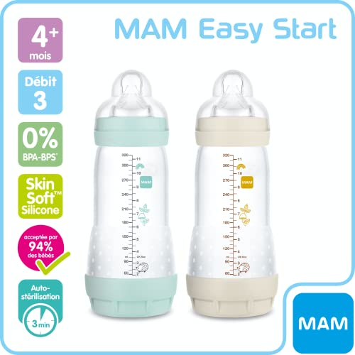 MAM Juego de 2 biberones Easy Start anticólicos (320 ml), ideal para lactancia mixta, tetina caudal 3, base ventilada anticólica, Aqua & Lino