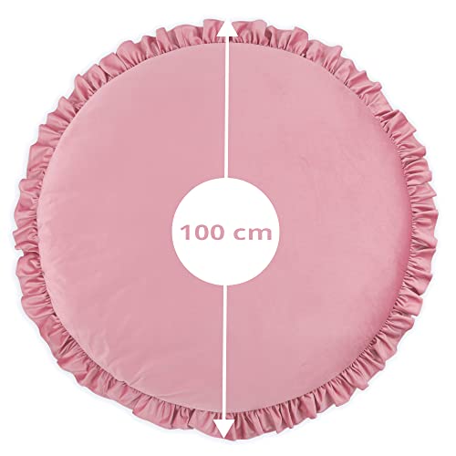 Manta de juego Cojín de suelo para bebé con volantes - Alfombra de juego para niños redonda 100 cm Velvet Rosa sucio