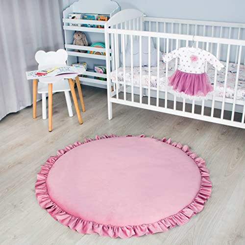 Manta de juego Cojín de suelo para bebé con volantes - Alfombra de juego para niños redonda 100 cm Velvet Rosa sucio