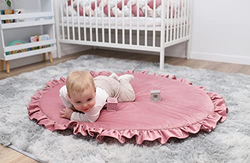 Manta de juego Cojín de suelo para bebé con volantes - Alfombra de juego para niños redonda 100 cm Velvet Rosa sucio