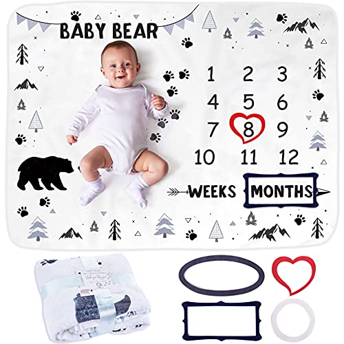 Manta Meses Bebé | Modelo Unisex | Regalo De Fiesta De Nacimiento | Tema Oso y Bosque | Suave y Gruesa | Manta para Fotos Mensuales | Control De Edad y Crecimiento | Manta Mensual De Hito