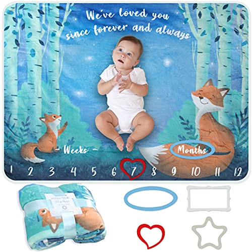 Manta Meses Bebé | Modelo Unisex | Regalo De Fiesta De Nacimiento | Temática Zorro, Bosque y Estrellas | Suave y Gruesa | Manta Para Fotos Mensuales | Control De Edad y Crecimiento | Manta Mensual