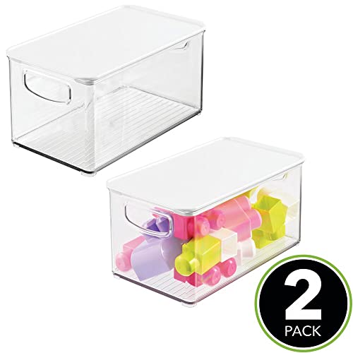 mDesign Juego de 2 organizadores de juguetes – Juguetero grande con tapa de plástico robusto – Caja organizadora apilable para guardar juguetes y manualidades – transparente y blanco