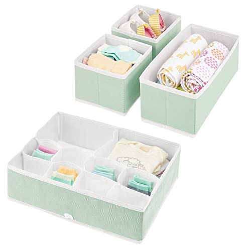 mDesign Juego de 4 Cajas organizadoras para Cuarto Infantil – Elegantes cestas de Tela de Diferentes tamaños – Organizadores para armarios de Fibra sintética Transpirable – Verde Menta/Blanco