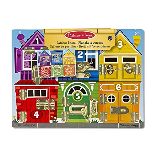 Melissa & Doug - Tablero de Pestillos, Tablero Montessori Latches Board | Adecuado para practicar las habilidades motoras finas| Juguete de madera | Regalo fantástico para niñas y niños