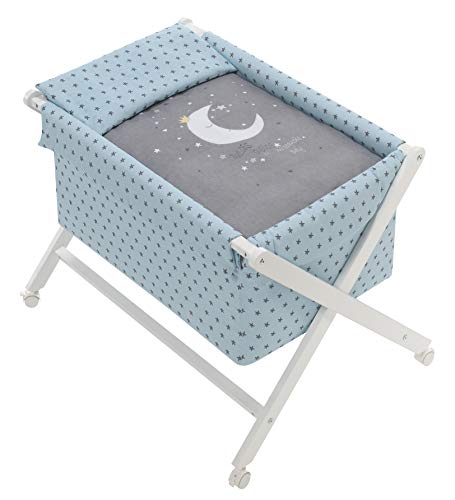 Minicuna Tijera madera Luna Universo Menta, incluye Textil exterior + Colchón + Colcha + Almohada