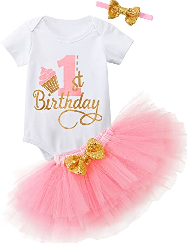 MOMBEBE COSLAND Baby Girl It's My 1st Birthday Outfit Vestido de Tutú de Manga Corta Conjunto de Ropa de Mono Rosa 1 Año