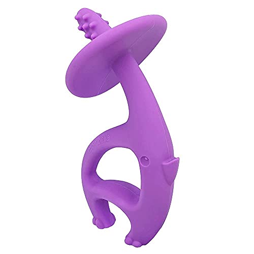 Mombella Dancing Elephant - Juguete de dentición para bebé (silicona, cepillo de dientes, masajeador de encías para aliviar el dolor de dentición, con un clip de mordedor o chupete, Púrpura