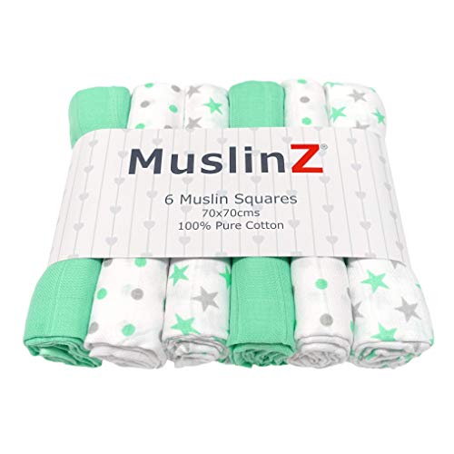 MuslinZ 6pk bebé Muslin cuadrados Burp paños 100% algodón suave puro 70x70cm estrellas de menta