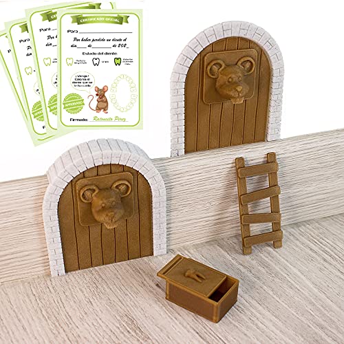 Myfuturshop® Ratoncito Pérez Puerta mágica, Caja para el Diente, Escalera, 4 certificados de Diente Limpio y 2 Marcos para Poner la Puerta a Varias Alturas. Regalo Original para niño y niña. (Marrón)