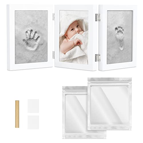 Navaris Kit para huellas de bebé - Marco de fotos de bambú con arcilla para imprimir huella del pie y mano de recién nacido - Set 3D para regalo