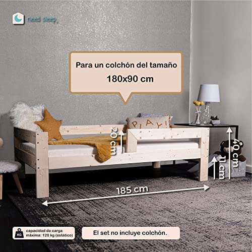 NeedSleep® cama infantil niño | 140x70 160 x80 180x90 | cama juvenil | cama bebe | barrera cama | montessori cama niña cama niño | cama de madera | camas individuales (180x90 cm)